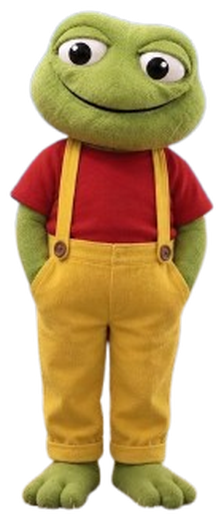 Toad Guru, a calm frog in a red shirt and yellow overalls